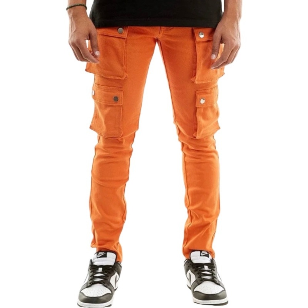 KDNK NEW 32 Skinny Cargo Pants Orange Snap Pocket Utility Streetwear Y2K Moto